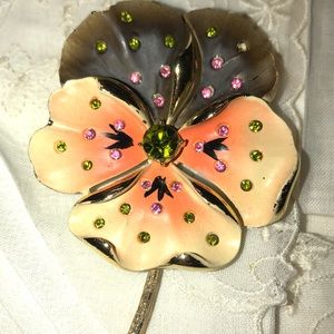 Pansy Brooch Enamel Mid Century Modern Vintage Pink Brown Rhinestones Accents